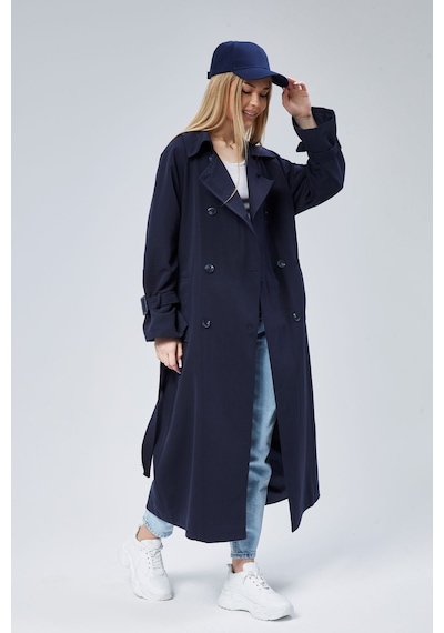 Kadın Oversize Kuşaklı Trençkot Lacivert