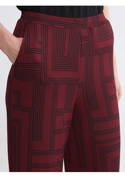 Lcw Everyday Bordo Beli Lastikli Geometrik Desenli Kadın Pantolon