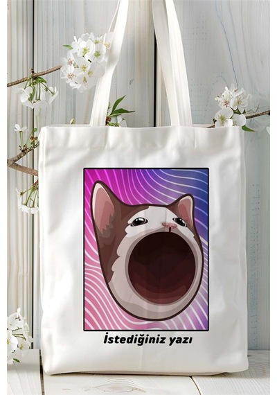 Art Hediye Popcat Baskılı Bez Çanta Omuz Çantası Kişiye Özel Desen 3 Çok Renkli