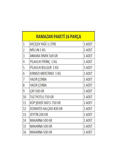 Ramazan Erzak Yardım Paketi Kumanya Kolisi 16'lı Set