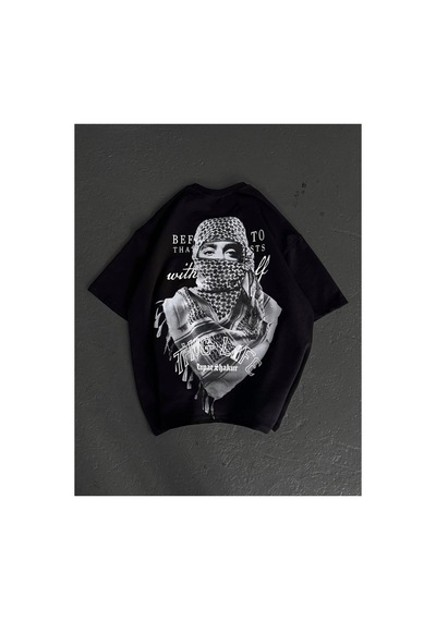 Kadın Kısa Kol Tişört Bisiklet Yaka Filistin Poşülü Baskılı T-shirt - Siyah