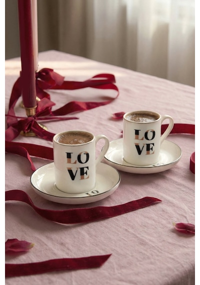 Kütahya Porselen Bone Pink Love 4 Parça 2 Kişilik Kahve Takımı Platin