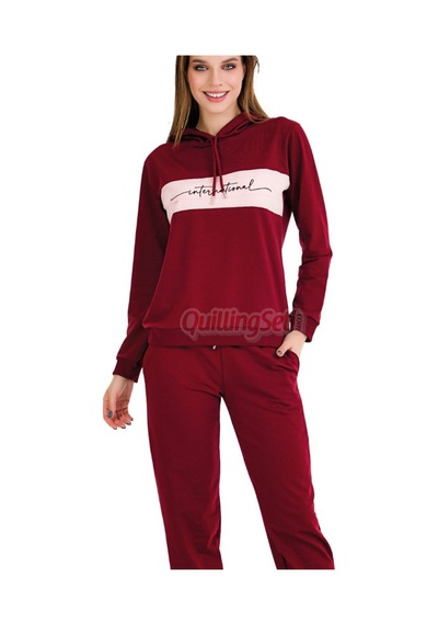 Lady Uzun Kol 22067 Kapüşonlu Ve Kanguru Cepli Bordo Renk Kadın Spor Eşofman Takımı