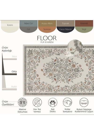 Cool Halı Floor Krem Çiçek Desenli Salon Oturma Odası Dört Mevsim Vintage Halı Robot Süpürge Uyumlu