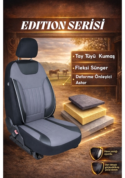 Edition Serisi Tay Tüyü Kumaş Universal Oto Koltuk Kılıfı Tam Set Füme
