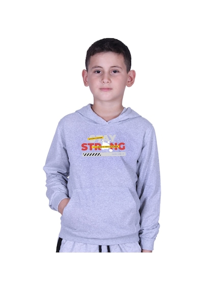 Fyk Kids Kapüşonlu Kanguru Cepli Stay Strong Baskılı Erkek Çocuk Sweatshirt Gri
