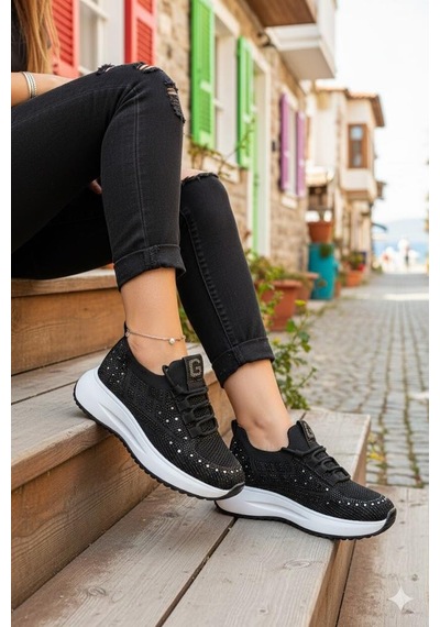 Guja 26y301 Rahat Taşlı Tekstil Günlük Spor Sneaker Kadın Ayakkabı Siyah