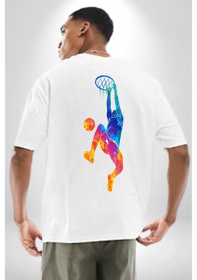 Smaç Basketbol Renkli Beyaz Oversize Unisex Ön Ve Sırt Baskılı Tişört Beyaz