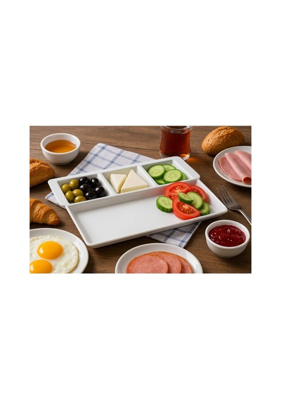 12 Adet 4 Bölmeli Melamin Sunum Bölmeli Kahvaltı Tabağı Sosluklu Tabldot Tepsi - Kırmızı 27x23 Cm Bö Beyaz
