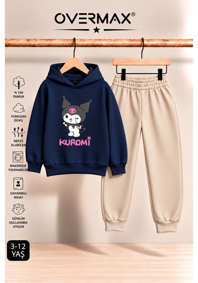 Overmax Kuromi Baskılı Kız Çocuk Kapüşonlu Sweatshirt & Eşofman Takımı- 3-12 Yaş Lacivert-bej - 922453421 Lacivert-bej
