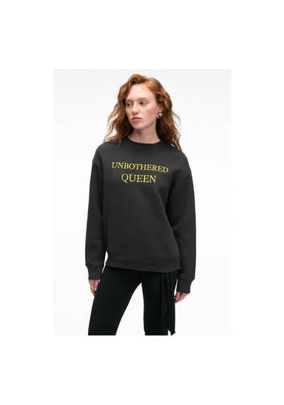 Grımelange ISOLUNE Kadın Yaka Nakış Detaylı Oversize Bisiklet Yaka Antrasit Sweatshirt
