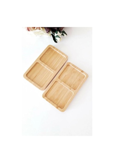 2 Bölmeli Doğal Bambu İkram Tepsisi - Kahve Ve Atıştırmalık Sunum Tabağı - Kurabiye Ve Çay Servisliği 23x12 Cm