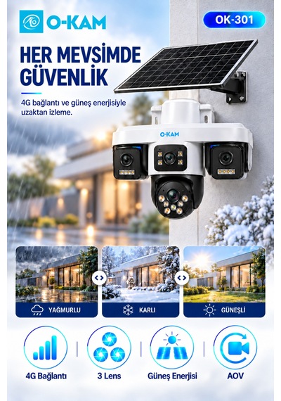 O-kam Ok-301 4g 9mp Üç Lensli Solar Aov Ptz Kamera