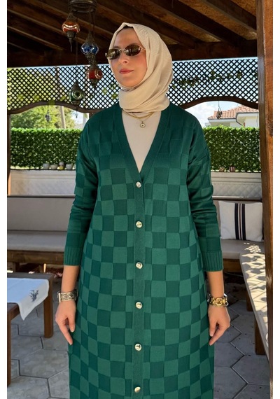 Rabia Şamlı Dama Desenli Triko Hırka Zümrüt Normal