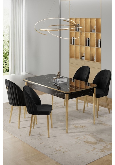Canisa Rada Serisi 80x132 Açılabilir Lak Panel Siyah Mermer Desen Masa 4 Siyah Sandalye Gold Detay Masa Siyah Mermer Desen Sandalye Siyah Canisa Rada Serisi 80x132 Açılabilir Lak Panel Siyah Mermer Desen Masa 4 Siyah Sandalye Gold Detay Masa Siyah Mermer Desen Sandalye Siyah