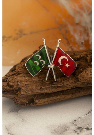 Mineli Osmanlı Ve Türk Bayraklı Gümüş Rozet -5867 Gümüş