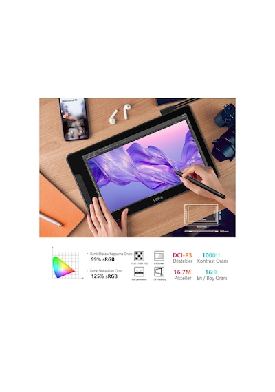 Veikk VK1600 15.6" FHD IPS 16384 Levels 5080 LPI Grafik Tablet+2 Kalem