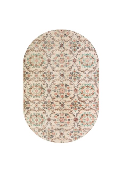 Vintage Desen Pamuk Taban Yıkanabilir Oval Halı Krem