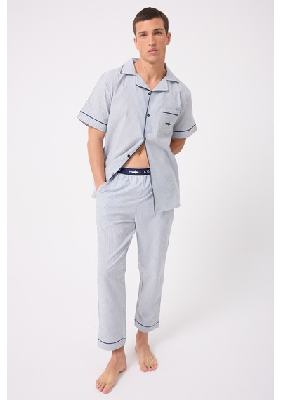 L'espadon Marısılk Seastrıpe Erkek Dokuma Yazlık Kısa Kollu Pantolonlu Pijama & Lounge Takımı-3196 Mavi