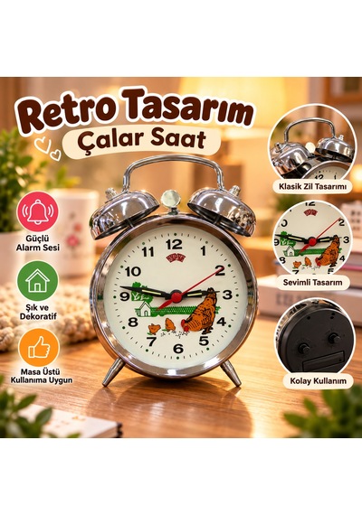 Nostaljik Tavuk Desenli Masa Saati Çok Renkli