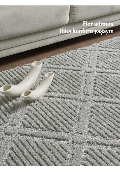 Yumuşak Peluş Tüylü İskandinav Desenli Kabarık Bukleli Gri Renkli Halı