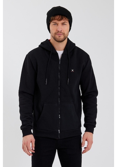 Polostate Erkek Fermuarlı Kanguru Cep 3 İplik Sweatshirt Siyah