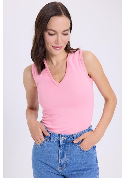 Tudors Kadın Slim Fit Dar Kesim V Yaka Sıfır Kol Pamuklu Ribanalı Pembe Bluz-38837 Pembe