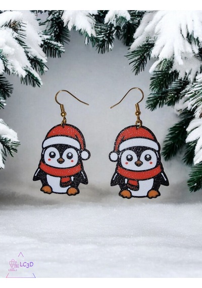 Noel Şapkalı Penguen Yılbaşı Küpe Çifti - Sevimli Hayvan Temalı Neşeli Kış Aksesuarı Siyah