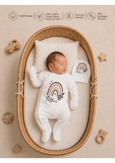 Pia Baby İsme Özel %100 Pamuk Kız Bebek Yastık Battaniyeli Tulum Set Kese Hediyeli 1088tybk3x Krem