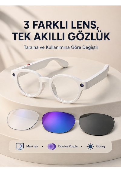 Beyaz Akıllı Kamera Gözlüğü Fotoğraf Video Çekimli Yapay Zeka Destekli Bluetooth Çoklu Dil Çeviri 3 Lensli