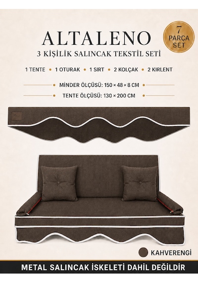 Altaleno 3 Kişilik 150 48 Cm Süngerli Bahçe Balkon Salıncak Minderi Yıkanabilir Kılıflı, Tenteli Keten Kumaş Tekstil Seti 24 Dns 8 Cm Orta Sert Sünger Kahverengi
