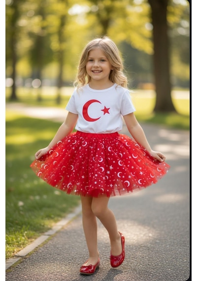 Gala Kız Çocuk Tütülü Ay Yıldızlı Etek Kırmızı
