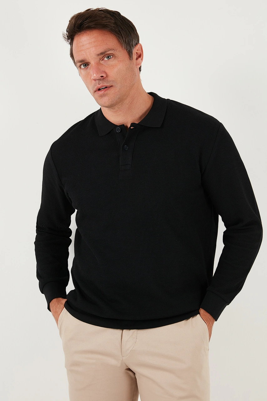 Buratti Pamuklu Regular Fit Düğmeli Polo Yaka Erkek Sweat 5905739 Siyah