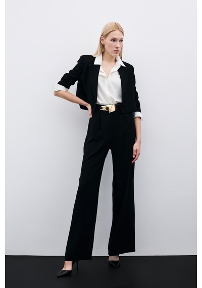 Sateen Pileli Krep Pantolon - Siyah