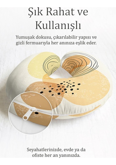 Soyut Modern Sarı Bej Boyun Yastığı - Minimalist Dalga Desenli Siyah Noktalı Yumuşak Seyahat Yastığı Çok Renkli