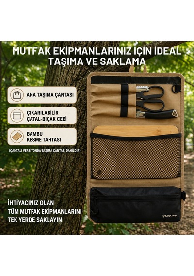 Kingcamp Roam Light Bambu Kesme Tahtası Ve Mutfak Ekipmanları Çantası Haki