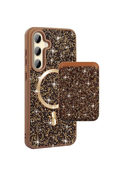 Teleplus Samsung Uyumlu Galaxy S26 Plus Kılıf Taşlı Mozaik Manyetik Şarj Kapak + Taşlı Kartlık Gold