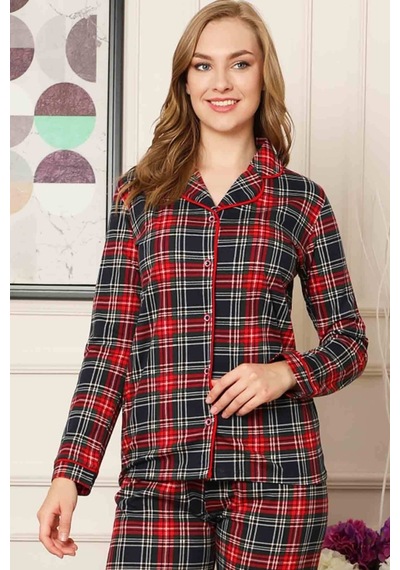 Farya Home Dreamy Ekoseli Pamuklu Biyeli Uzun Kollu Gömlek Pijama Takımı Siyah Kırmızı Siyah - Bordo