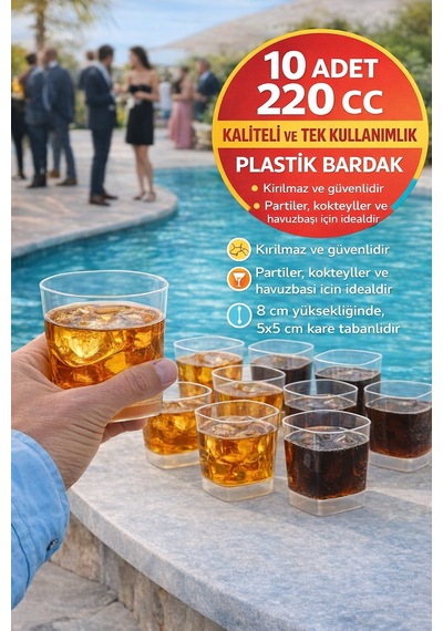 10'lu Set Viski, Meşrubat Kare Plastik Bardak 220 Cc