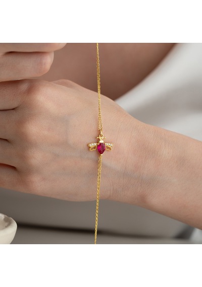 Vaoov 925 Ayar Gümüş Kırmızı Taşlı Arı Şahmeran Bileklik Gold
