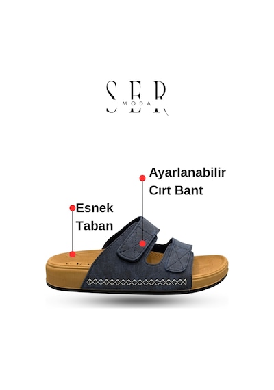 Sermoda Erkek Terlik - Cırtlı Bantlı Rahat Kalın Tabanlı Deri Erkek Terlik Lacivert