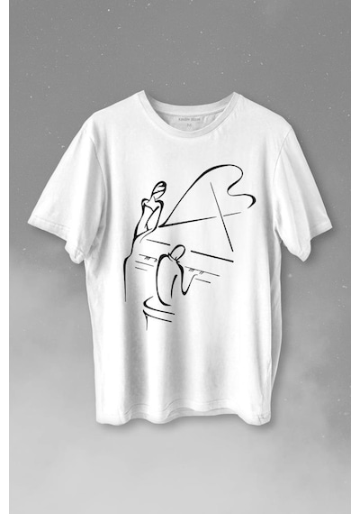 Piyano Başında Romantik Müzik Aşkı Müzikal Aşıkları Baskılı Tişört Unisex T-shirt 001