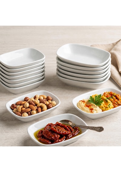 Gürallar Porselen 6+6 Ad 12 Ve 14 Cm Kare Kayık Kahvaltılık Mezelik Çerezlik 12 Parça Beyaz