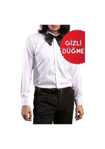 Dicotto Beyaz Gizli Pat Damatlık Ata Yaka Kol Düğmeli Slim Fit Smokin Gömlek - 001 001