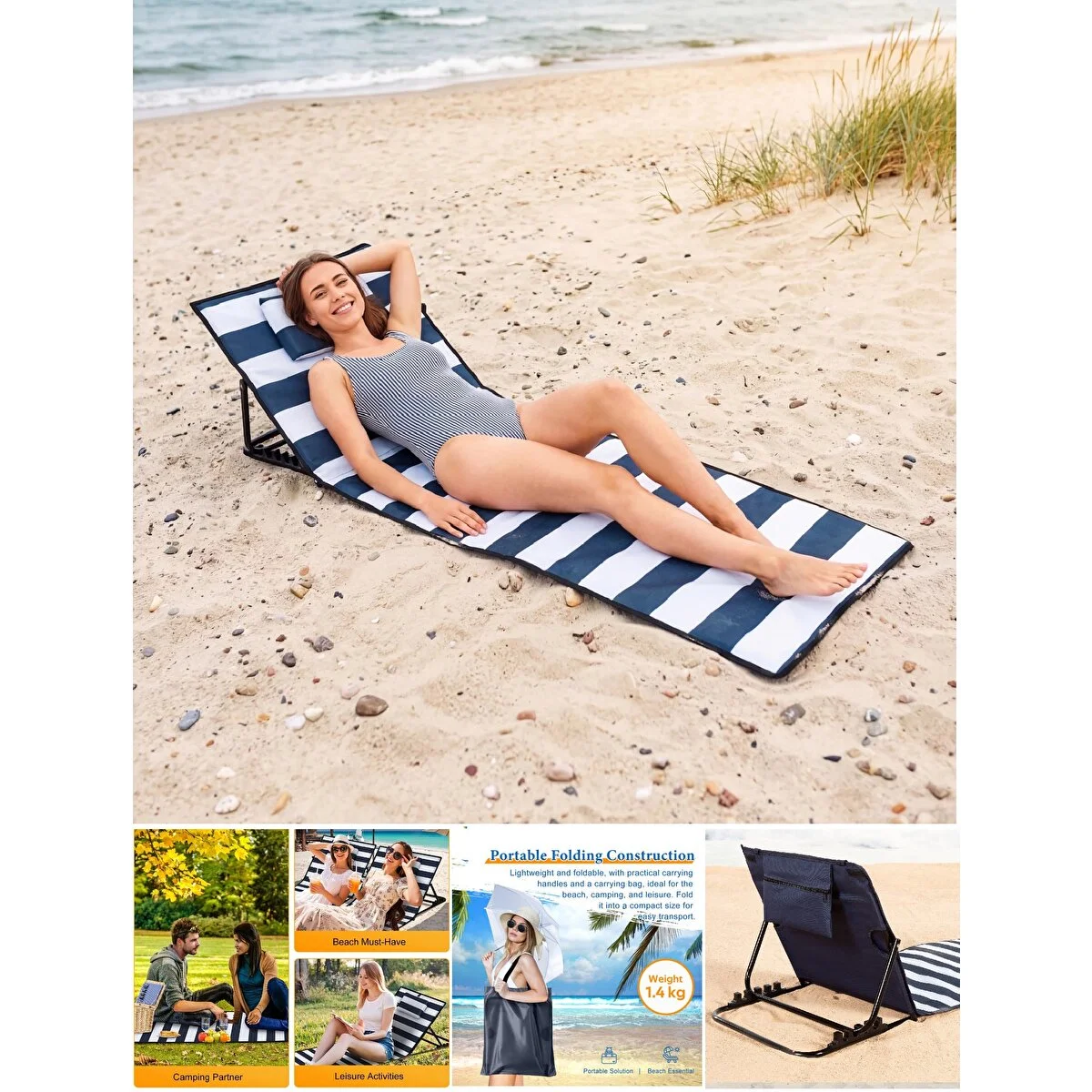 Katlanabilir Plaj Yatağı Şezlong Minderi Yastıklı 5 Kademeli Sırt Ayarlı Taşıma Çantalı 145x50 Cm Lacivert Beyaz
