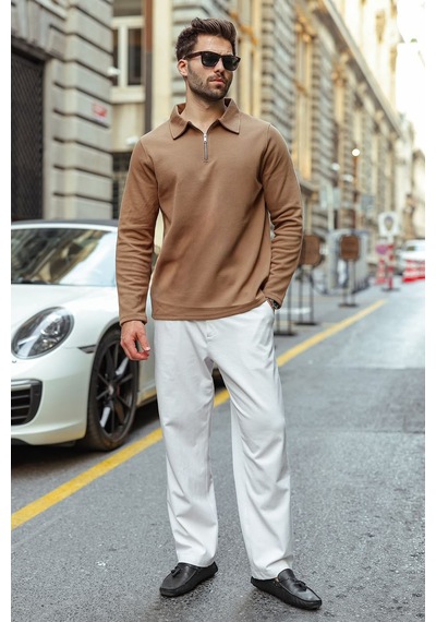 Madmext Vizon Yarım Fermuarlı Polo Yaka Dokulu Erkek Sweatshırt E7197