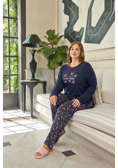 Aydoğan Kadın Büyük Beden Good Things Lacivert İnci Pijama Takımı 0646