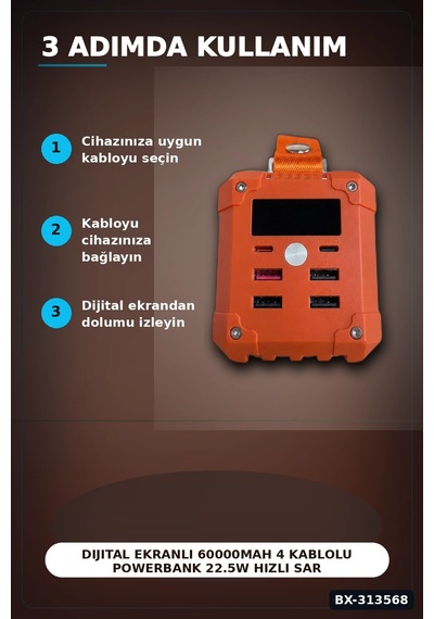 Dijital Ekranli 60000mah 4 Kablolu Powerbank 22.5w Hizli Sarj Coklu Cikisli Bx-313568 Diğer