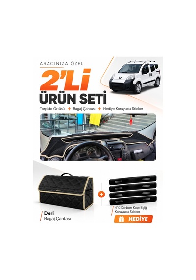E-biz Peugeot Bipper 2007-2020 Uyumlu Torpido Örtüsü + Deri Bagaj Çantası Seti - Siyah-bej - Pe020