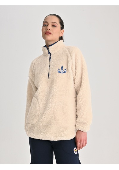 Fenerbahçe Ekru Trend Biye Detaylı Peluş Kadın Oversize Sweatshirt